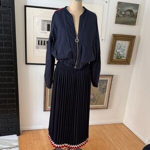 Tommy Hilfiger Navy Pleated Skirt and Jacket set with Red Striped Accents